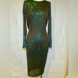 Bebe Long Sleeve Green Sequin Bodycon Dress